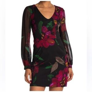 Trina Turk Gibb Silk V Neck Black and Pink Floral Long Sleeve Dress | 4